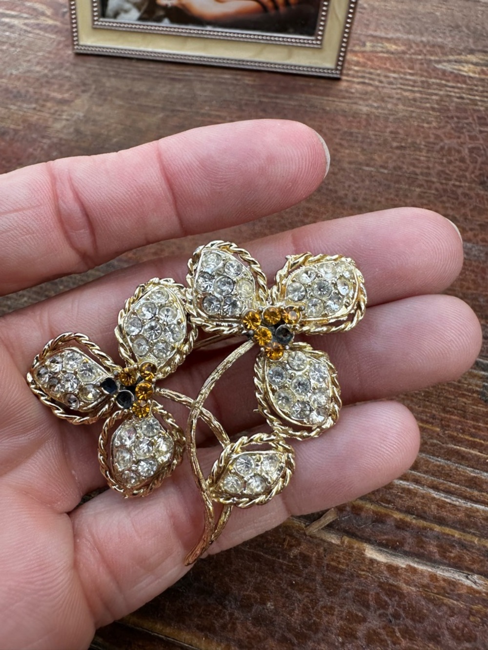 Vintage Rhinestone Floral Brooch – Clear & Topaz Crystal Flower Spray - Picture 5 of 6